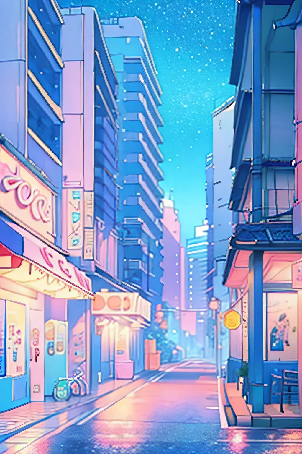 city streets, well lighten, cozy ambient, blue pastel palet, lofi vibes, anime style, very cute, night time, no people