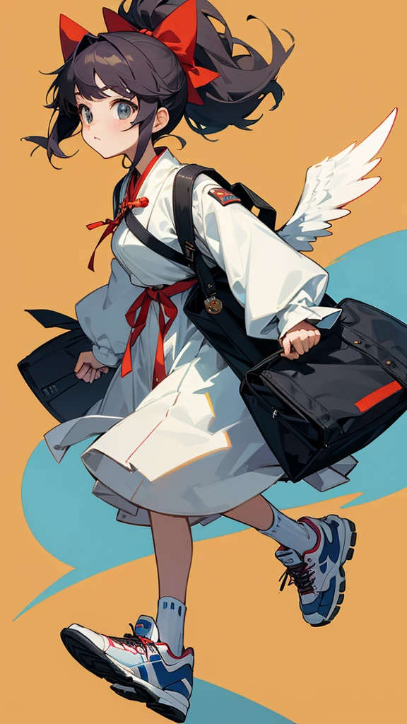 Girl angel, in Asian street style, bag with badges, ruffled bows, gaiters, sneakers