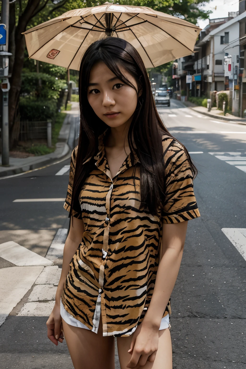 Young Japanese woman wearing a tiger print shirt Hearing an umbrella in the sun On the road in Japan