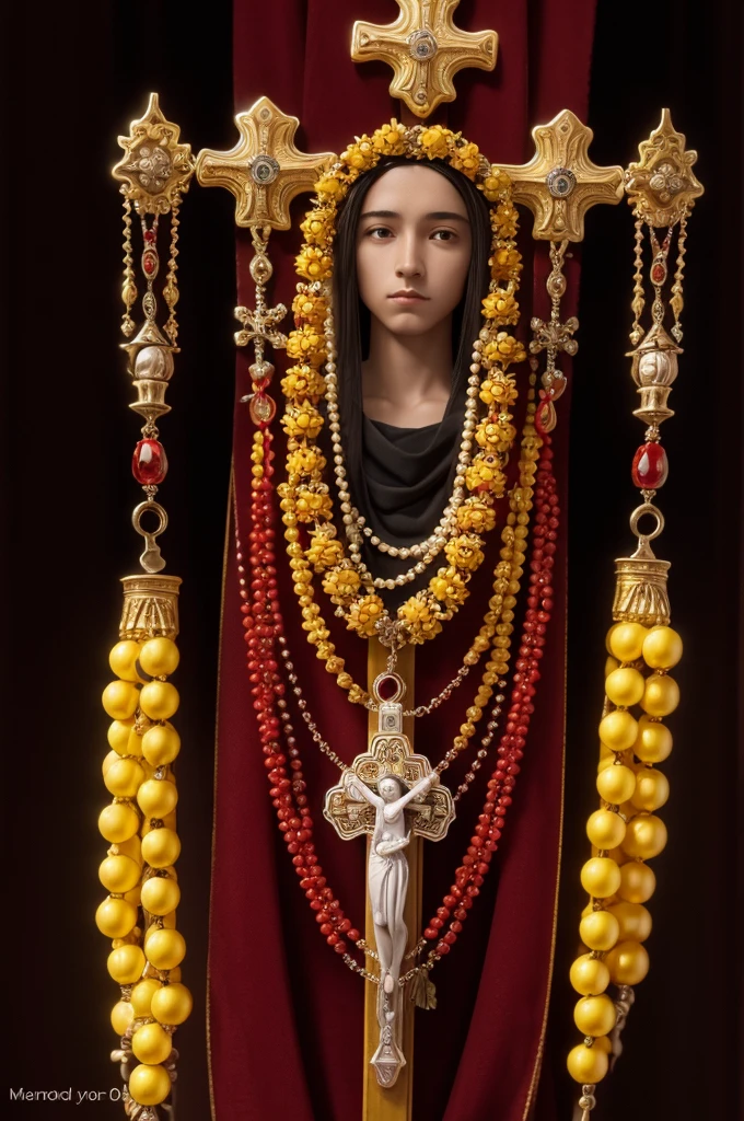 Please the image of a Mariano rosary with five tens in the colors red, black and yellow