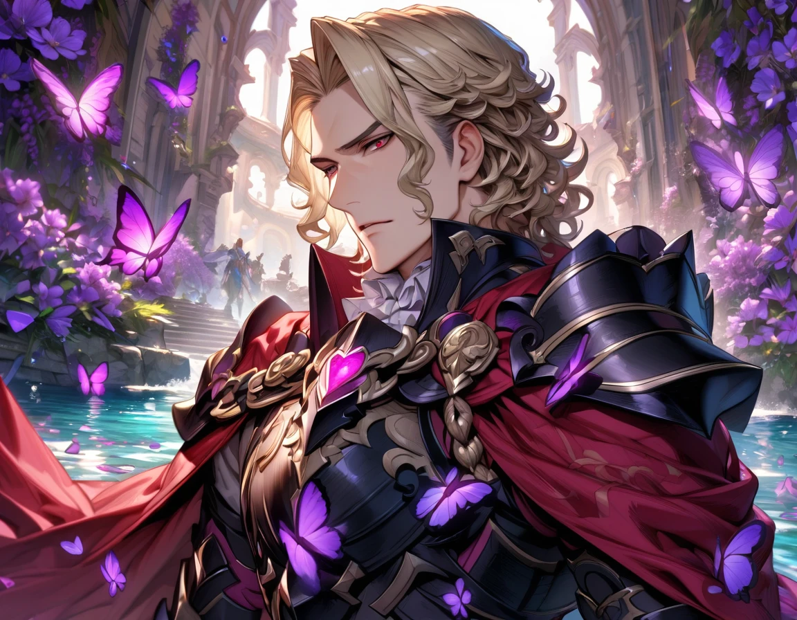 absurdres, highres, ultra detailed, HDR, master piece, best quality, Xander, blonde hair, expressive red eyes, fire emblem fates, solo, sexy man, handsome, black armor, red cape, fantasy, shining, water, purple flowers, purple blossoms, purple butterflies, purple petals
