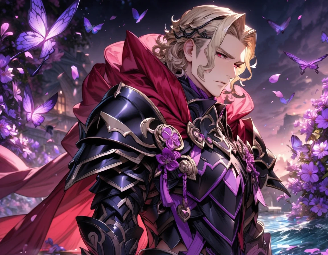absurdres, highres, ultra detailed, HDR, master piece, best quality, Xander, blonde hair, expressive red eyes, fire emblem fates, solo, sexy man, handsome, black armor, red cape, fantasy, shining, water, purple flowers, purple blossoms, purple butterflies, purple petals