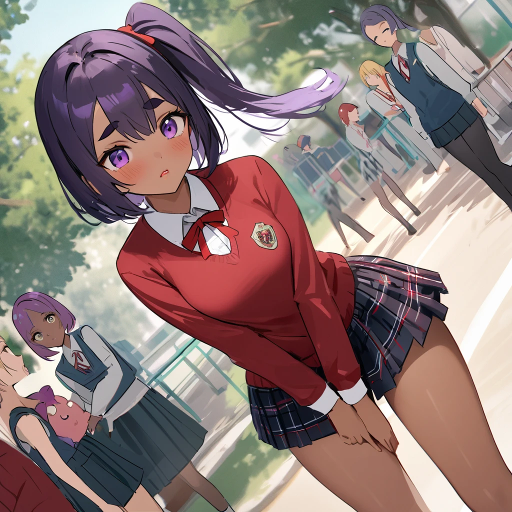 work of art, best qualityer, extremely detaild,dutch angle, アニメ,Suéter schoolyardr grande、plaid plaid skirt,skin tanned,15year old ,dark skin tiny body,smallbreast,baby face,hand between legs,break,multicolored dark purple hair,side ponytail,short hair with long highlights,break,Eyes red,thick eyebrow,unexpressive,Detailed lips,False eyelashes,break,red cotton ribbon,break,break,microskirt,break,schoolyard