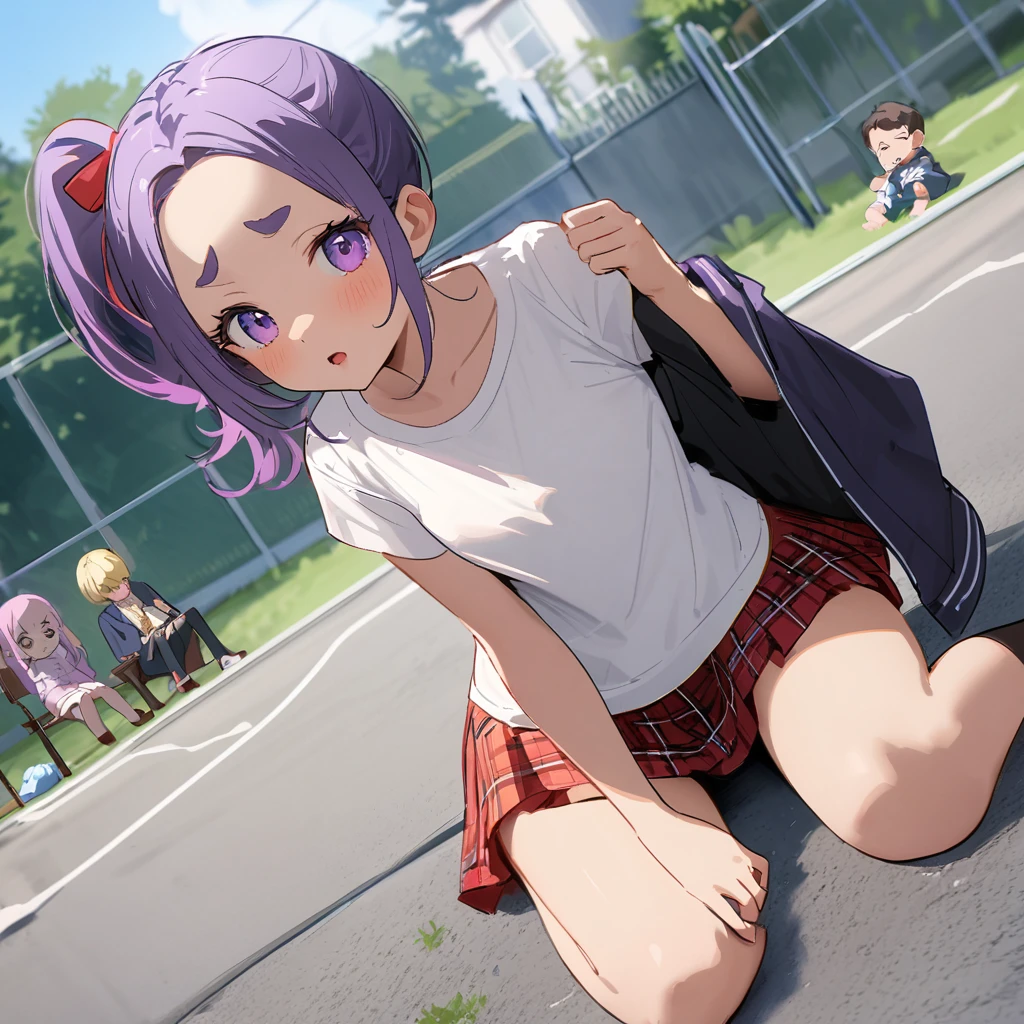work of art, best qualityer, extremely detaild,dutch angle, アニメ,Suéter schoolyardr grande、plaid plaid skirt,skin tanned,15year old ,dark skin tiny body,smallbreast,baby face,hand between legs,break,multicolored dark purple hair,side ponytail,short hair with long highlights,break,Eyes red,thick eyebrow,unexpressive,Detailed lips,False eyelashes,break,red cotton ribbon,break,break,microskirt,break,schoolyard