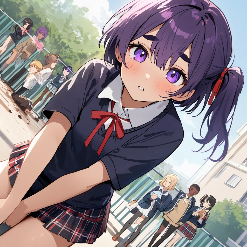 work of art, best qualityer, extremely detaild,dutch angle, アニメ,Large school sweater、plaid plaid skirt,skin tanned,15year old ,dark skin tiny body,smallbreast,baby face,hand between legs,break,multicolored dark purple hair,side ponytail,short hair with long highlights,break,Eyes red,thick eyebrow,unexpressive,Detailed lips,False eyelashes,break,red cotton ribbon,break,break,microskirt,break,schoolyard