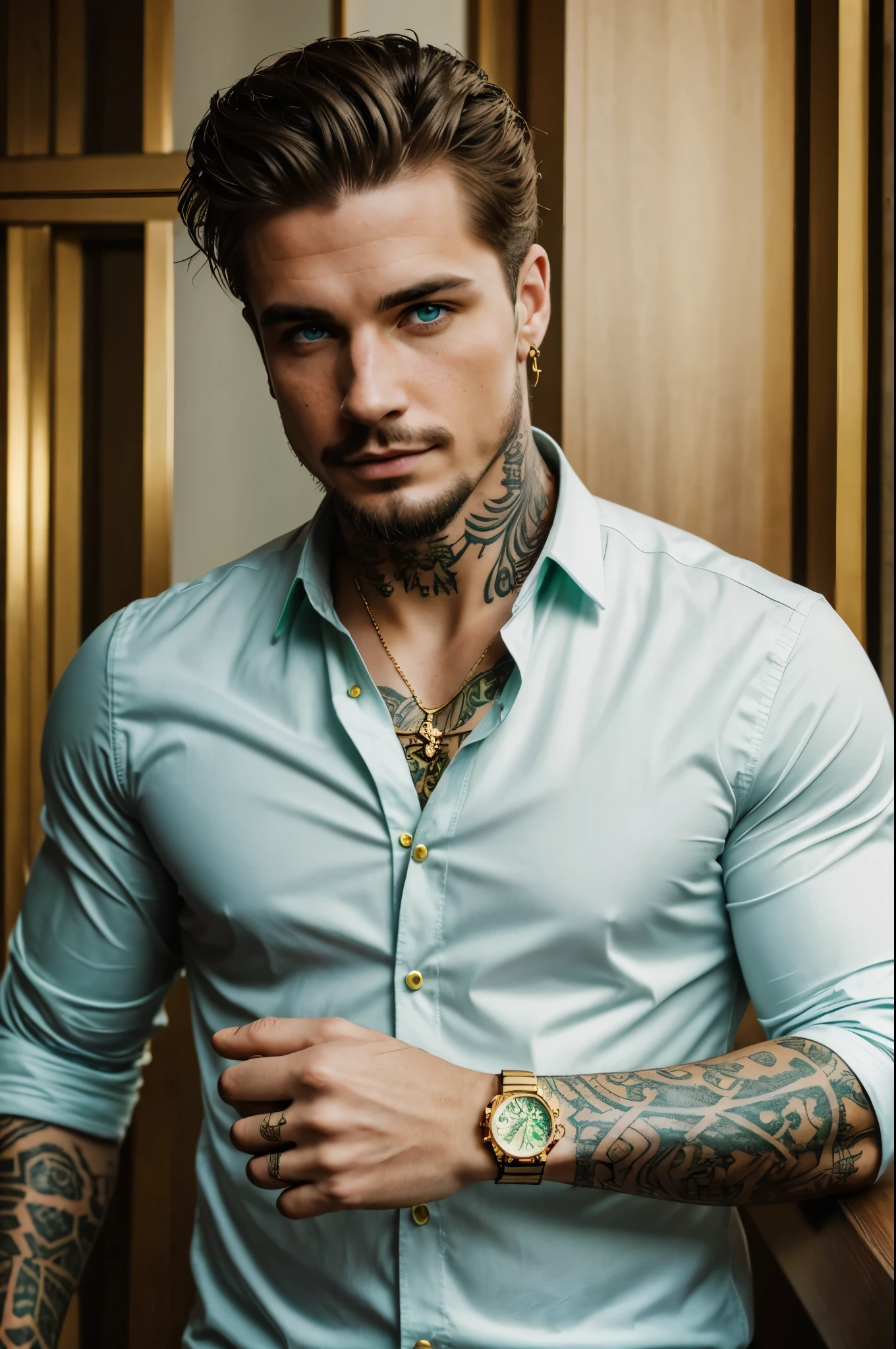 Handsome man, it turns white, Tattooed , green eyes with goatee and freckles , way to dress elegant with gold watch