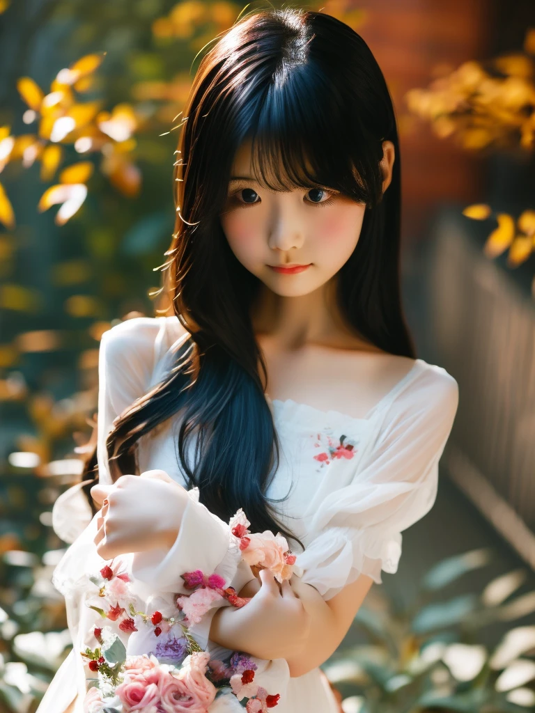 Highest quality, (masterpiece:1.35), wallpaper, (figure), original, (Depth of written boundary), (One girl:1.35), (alone), whole body, dynamic, Detailed face,Mature Woman, Adult, (old:1.3), Medium chest, interesting, Happy,Miko costume, Floral decoration,Ridiculously long hair, Black Hair,Dog ear volume lighting, fallen leaves, Tyndall effect,