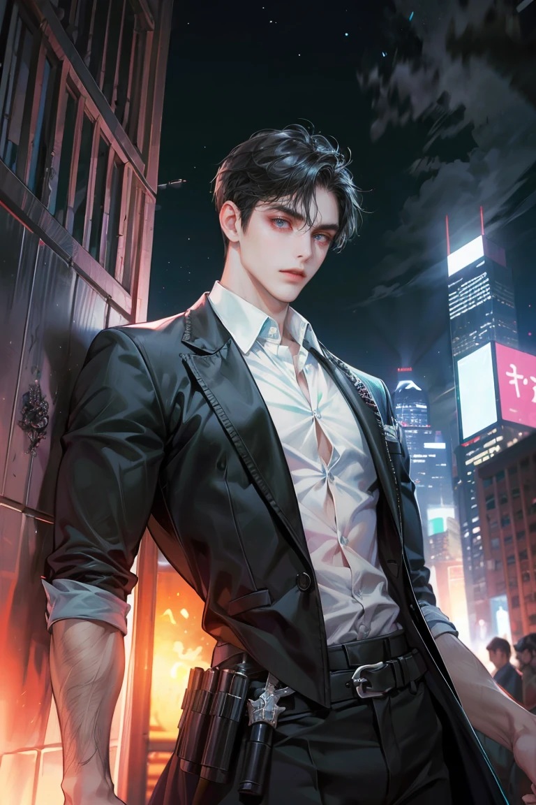 (absurdres, highres, ultra detailed, original character), 1 russian boy, solo, adult, handsome, ((tall muscular guy, broad shoulders)), finely detailed eyes, ((fluffy black hair)), hair between eyes, turquoise eyes, holographic, futuristic, casual outfit, black coat, gun holster, white shirt, large pecs, ((wearing a black earring)), cowboy shot, dutch angle, face focused, tower walled city scenery, dystopian hong kong city, skyscrapers, Cyan, Magenta, long face, closed mouth, looking at viewer, depth of field, bokeh