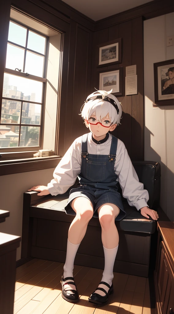 Two-dimensional cartoon boy Shota Shota, one-piece overall: 1.5, full body photo, nightcap, goggles, cute gestures, leg rings, white stockings, white hair, slightly red face, sitting by the window, looking out the window,