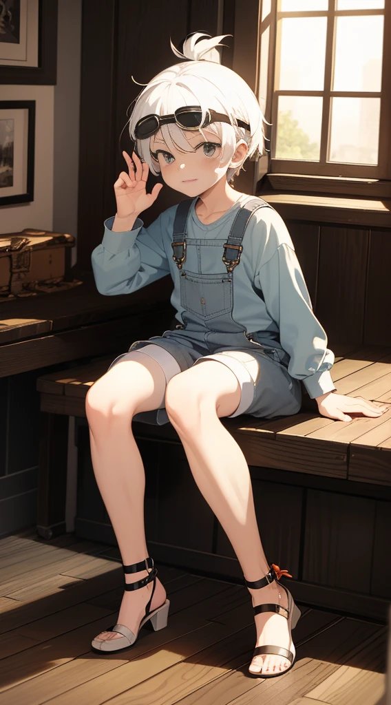 Two-dimensional cartoon boy Shota Shota, one-piece overall: 1.5, full body photo, nightcap, goggles, cute gestures, leg rings, white stockings, white hair, slightly red face, sitting by the window, looking out the window,