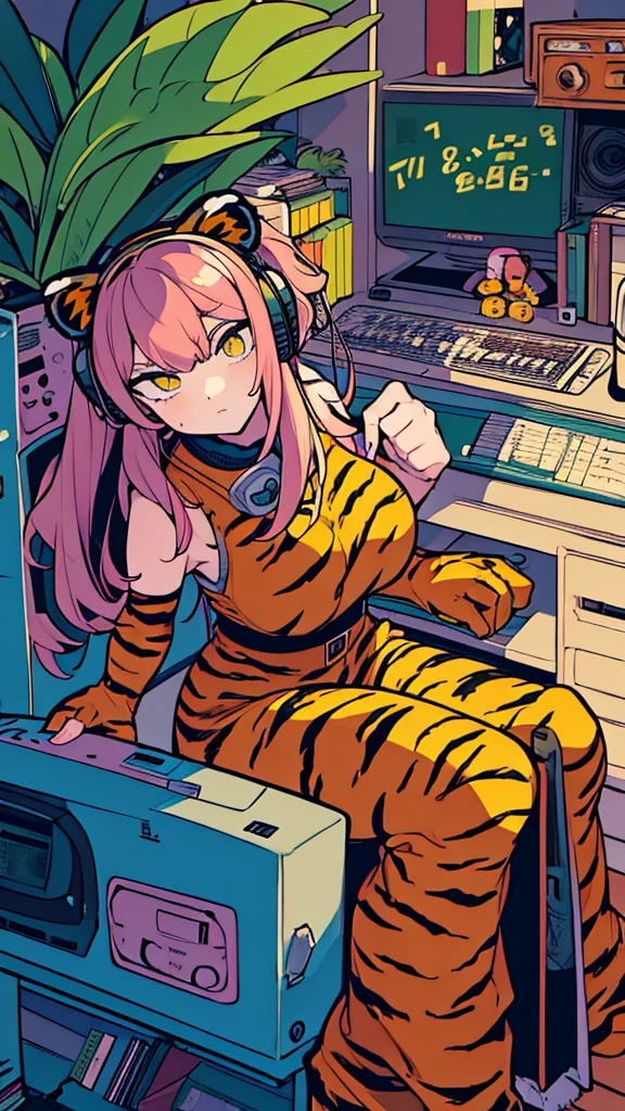 Best quality, (masterpiece:1.2), best detail face,1 girl, big breasts, 18 yo, 8k,absurdres,unity 8k wall paper,(extremely detailed:1.3), highest realistic, (retro headphones:1.1), (soft neon light:1.1), Her room full of music equipment and plants, Leaning back on the chair with a casual attitude, clothing in summer, ((A realistic tiger mascot in the room)), natural color palette