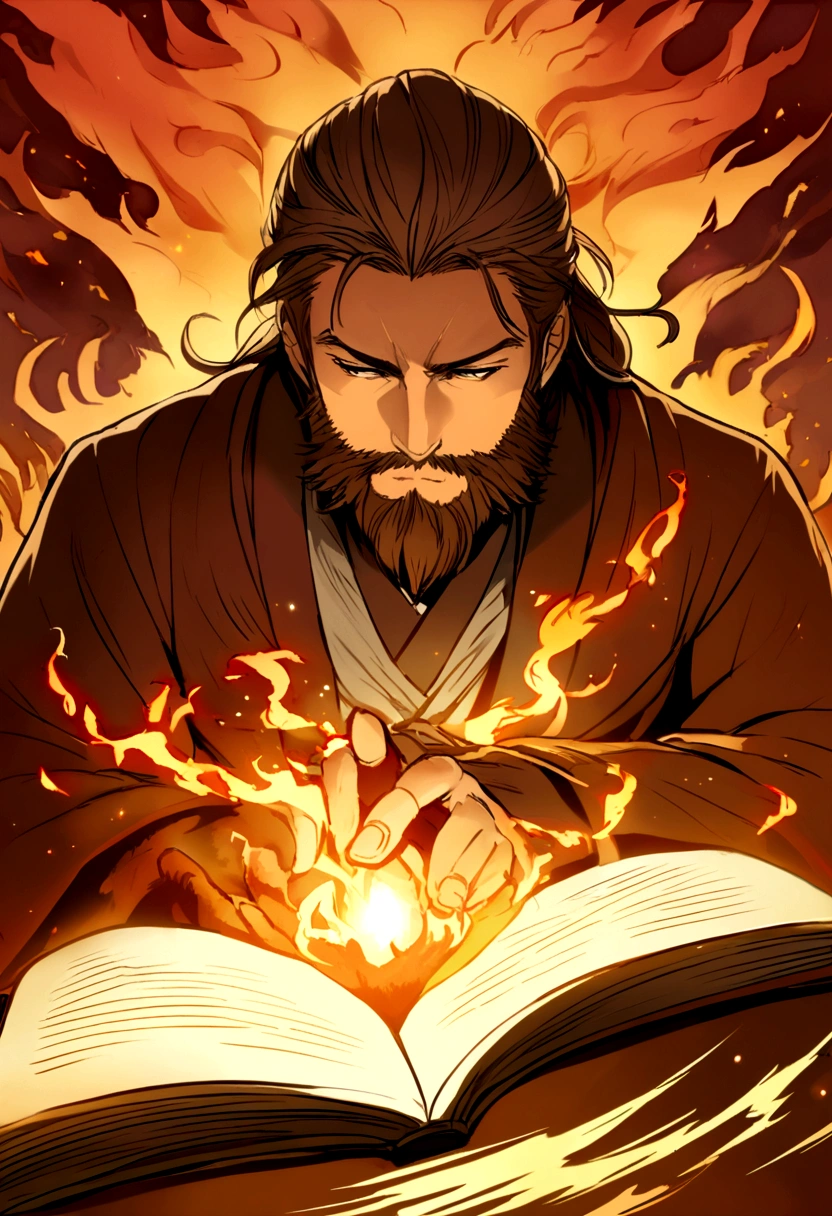 guy with long brown hair, with a brown and mid beard studying in a fire background