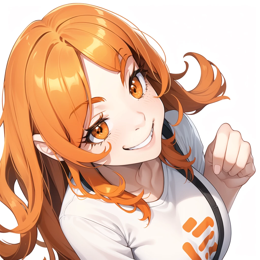 1girl, solo, upper body,
orange hair, long hair,
orange eyes, long eyelashes, thick eyelashes, looking at viewer,
smile,
white shirt,
white background, simple background,