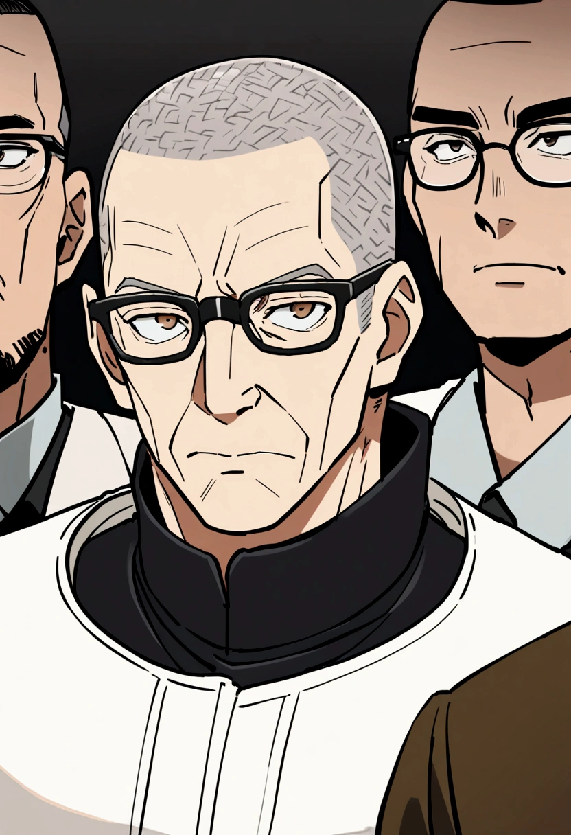 60 year old man with crew cut, brown eyes, black glasses, black high collar long sleeve shirt, white jacket, principal