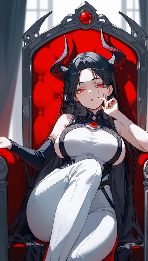 masterpiece, Score_9, Score_8_up, Score_7_up, front view, 1 woman, alone, black hair with red, long hair, parted bangs, dark red eyes, half-closed eyes, parted lips, expressionless, pale skin, large breasts, body suit, black bottom, best quality, horns up, long open bangs, black sleeveless shirt, black V-neck, red baggy pants, high heels, Sitting on a throne.