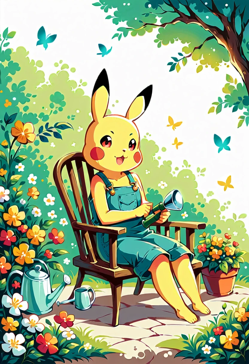 Draw a delightful illustration of Pikachu relaxing in a garden chair. Pikachu should be surrounded by blooming flowers and greenery, sitting comfortably with a smile. Include details like a watering can, garden tools, and butterflies flying around. The overall vibe should be fresh and lively.