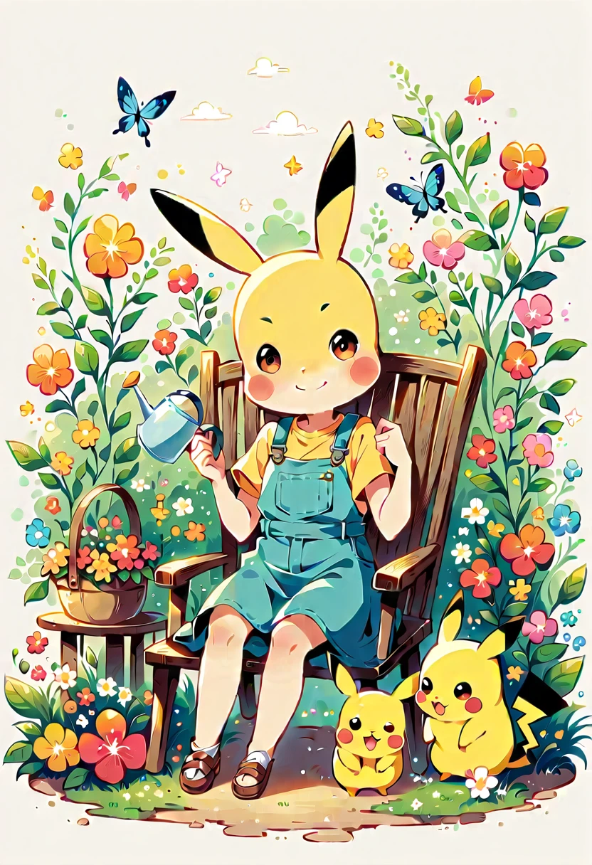 Draw a delightful illustration of Pikachu relaxing in a garden chair. Pikachu should be surrounded by blooming flowers and greenery, sitting comfortably with a smile. Include details like a watering can, garden tools, and butterflies flying around. The overall vibe should be fresh and lively.