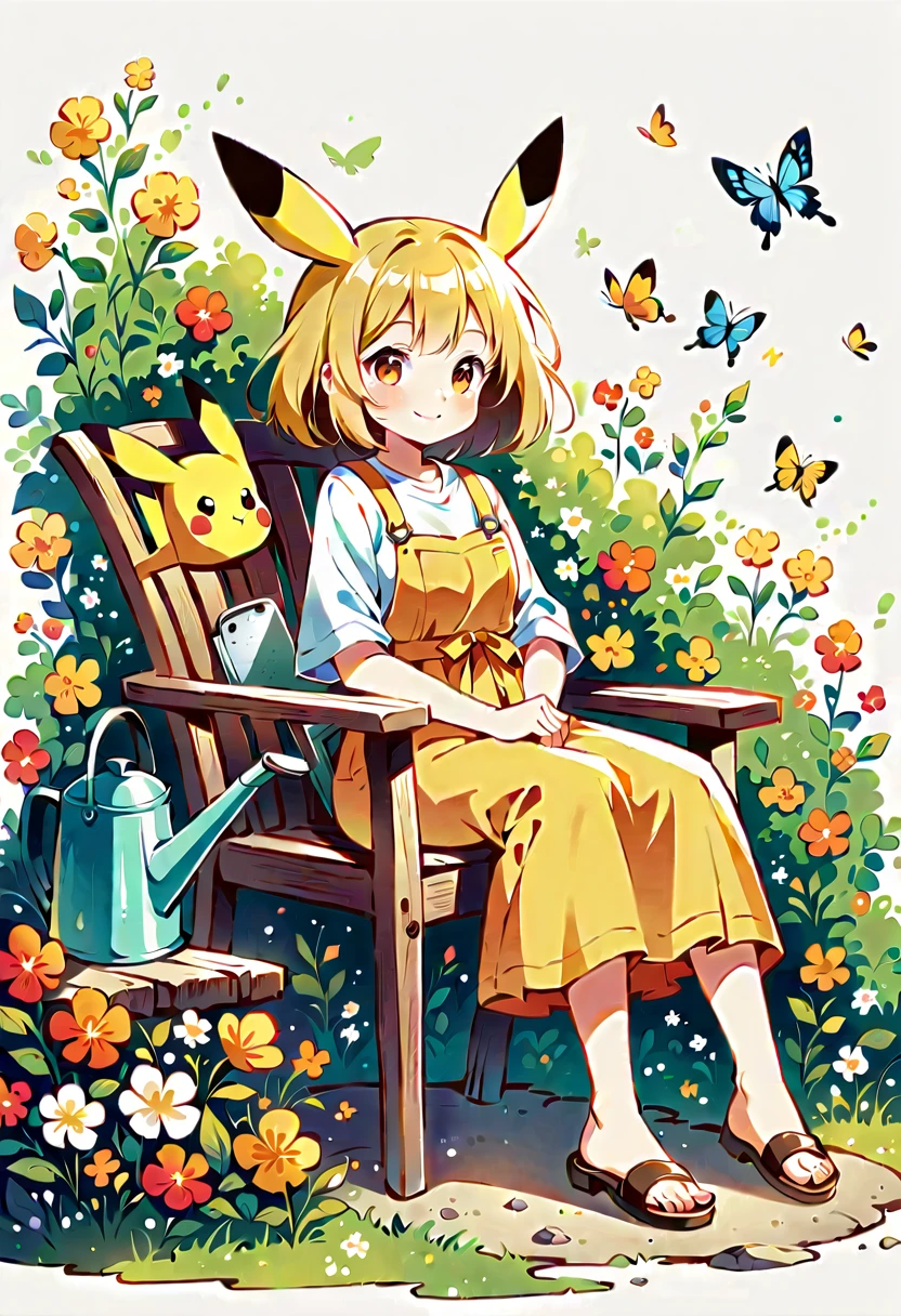 Draw a delightful illustration of Pikachu relaxing in a garden chair. Pikachu should be surrounded by blooming flowers and greenery, sitting comfortably with a smile. Include details like a watering can, garden tools, and butterflies flying around. The overall vibe should be fresh and lively.