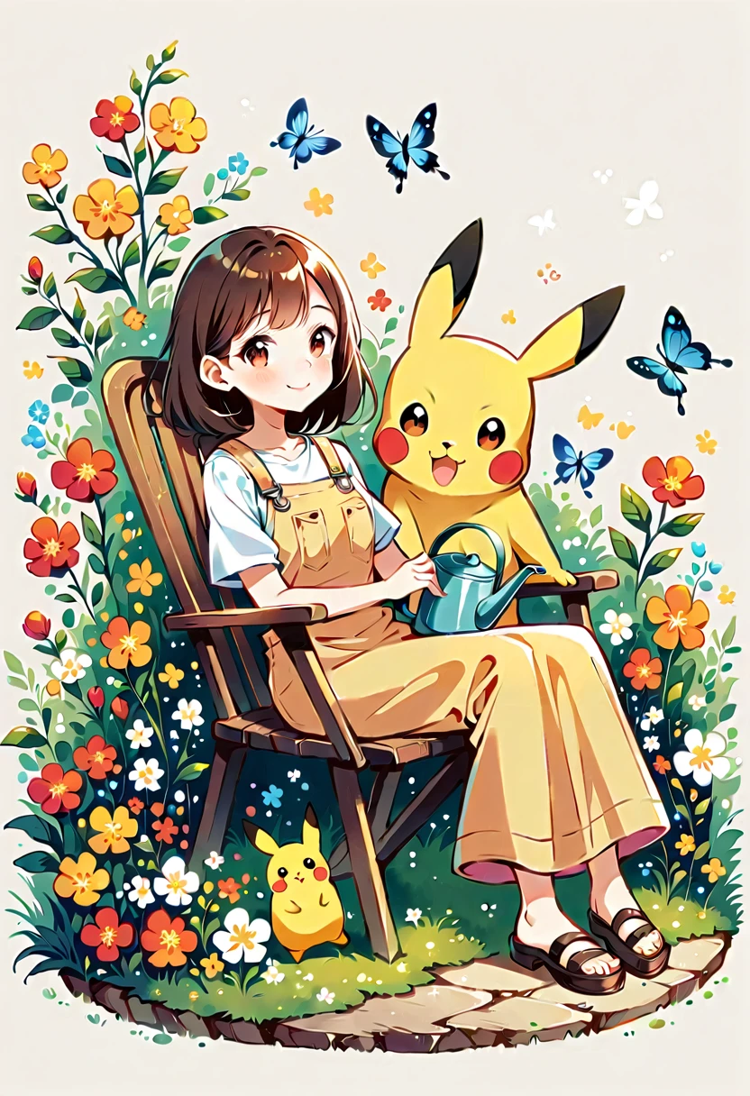 Draw a delightful illustration of Pikachu relaxing in a garden chair. Pikachu should be surrounded by blooming flowers and greenery, sitting comfortably with a smile. Include details like a watering can, garden tools, and butterflies flying around. The overall vibe should be fresh and lively.