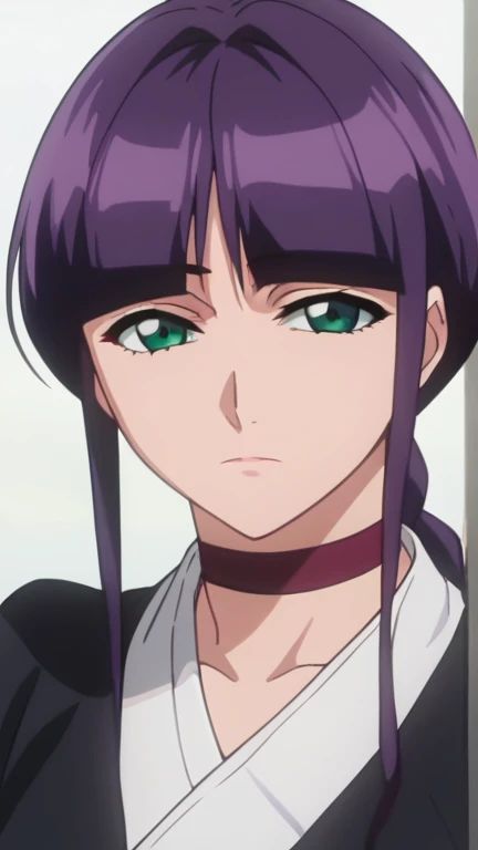 (masterpiece, best quality, high resolution, 8k:1.2), intricate details, anime screencap, nemu, purple hair, green eyes, looking at viewer, simple background, frontal view, black kimono, white sash, long sleeves, expressionless, mature woman, choker, dynamic angle, 