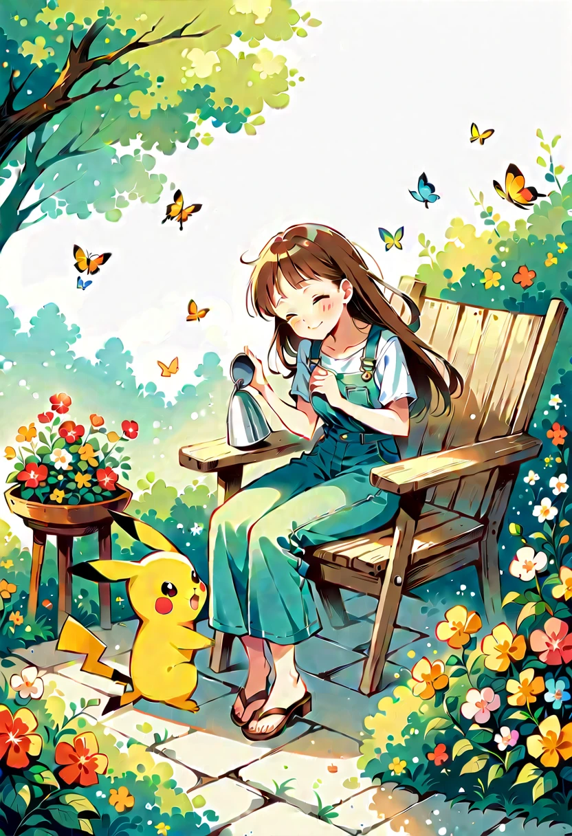 Draw a delightful illustration of Pikachu relaxing in a garden chair. Pikachu should be surrounded by blooming flowers and greenery, sitting comfortably with a smile. Include details like a watering can, garden tools, and butterflies flying around. The overall vibe should be fresh and lively.