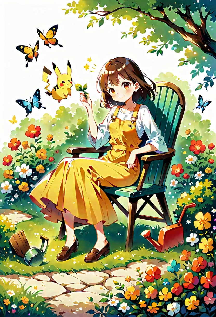 Draw a delightful illustration of Pikachu relaxing in a garden chair. Pikachu should be surrounded by blooming flowers and greenery, sitting comfortably with a smile. Include details like a watering can, garden tools, and butterflies flying around. The overall vibe should be fresh and lively.