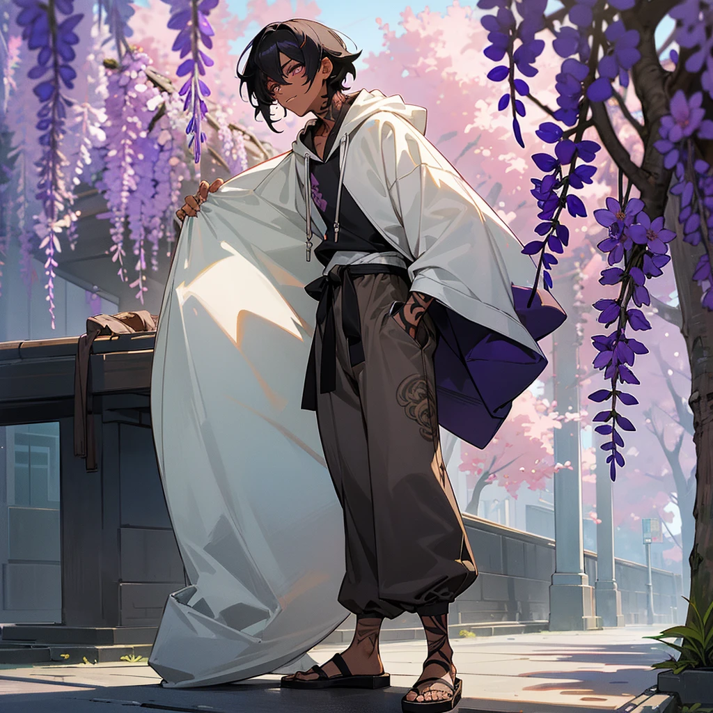 1male, young adult, dark skin, finely detailed plum eyes, wild medium hair, two tone hair, black hair color, seashell white hair color, oversized hoodie, baggy pants, standing on building, day time, tokyo streets, e expression, muscular, tattoos, wisteria flowers, scars