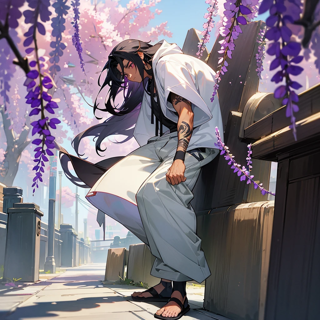 1male,  adult, dark skin, finely detailed plum eyes, wild medium hair, two tone hair, black hair color, seashell white hair color, oversized hoodie, baggy pants, standing on building, day time, tokyo streets, e expression, muscular, tattoos, wisteria flowers, scars