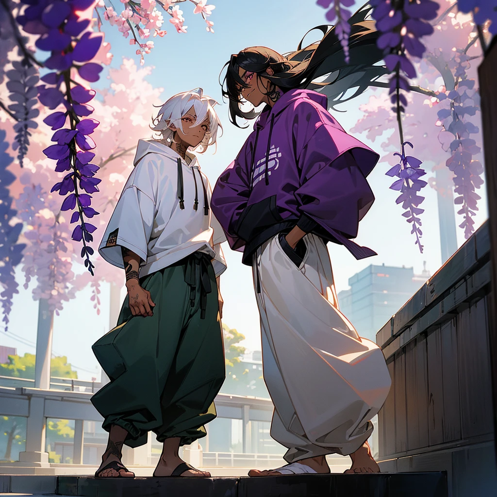 1male, young adult, dark skin, finely detailed plum eyes, wild medium hair, two tone hair, black hair color, seashell white hair color, oversized hoodie, baggy pants, standing on building, day time, tokyo streets, e expression, muscular, tattoos, wisteria flowers, scars