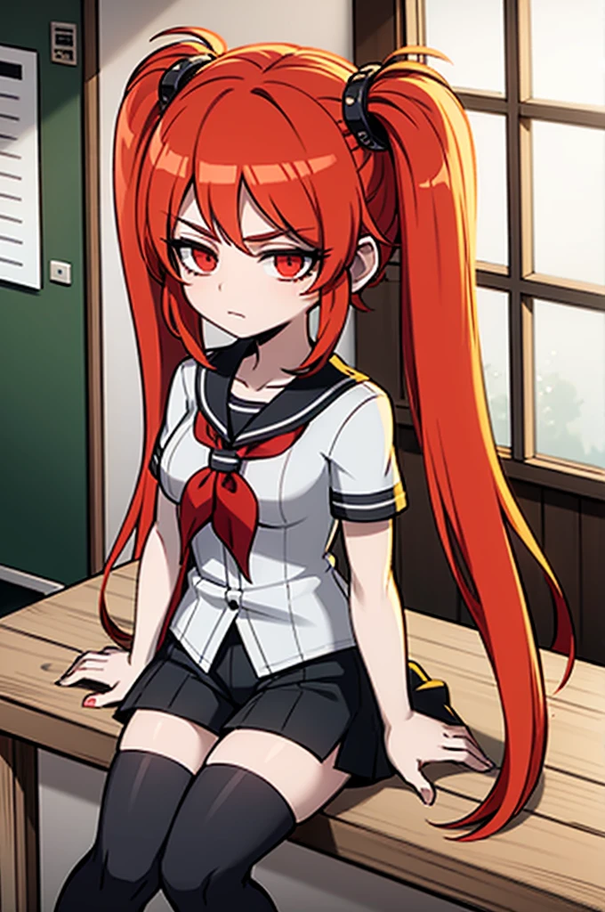 female character, medium long dark hair with bangs, Eyes red, Caucasian skin, loose black shirt, black shorts and all star sneakers.