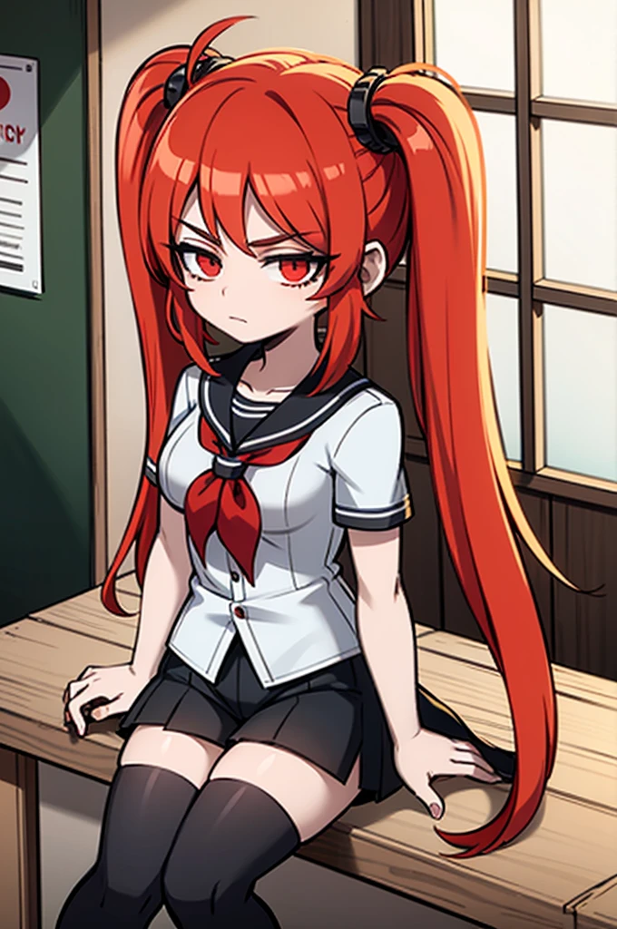 female character, medium long dark hair with bangs, Eyes red, Caucasian skin, loose black shirt, black shorts and all star sneakers.