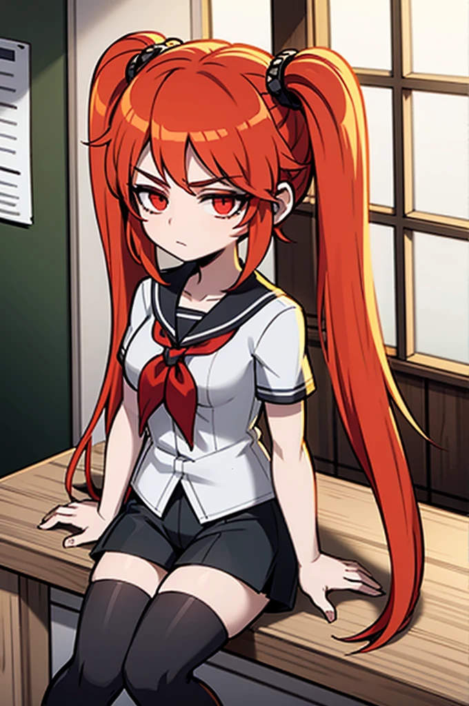 female character, medium long dark hair with bangs, Eyes red, Caucasian skin, loose black shirt, black shorts and all star sneakers.