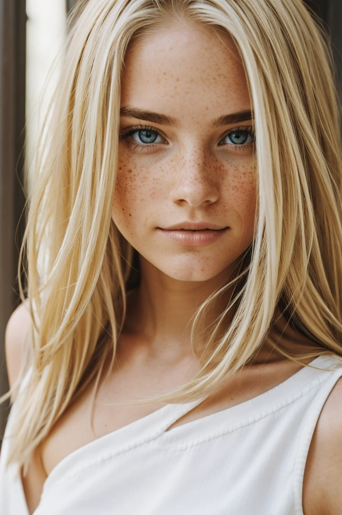 blonde girl, low, with not very noticeable freckles, shoulder length hair and white 