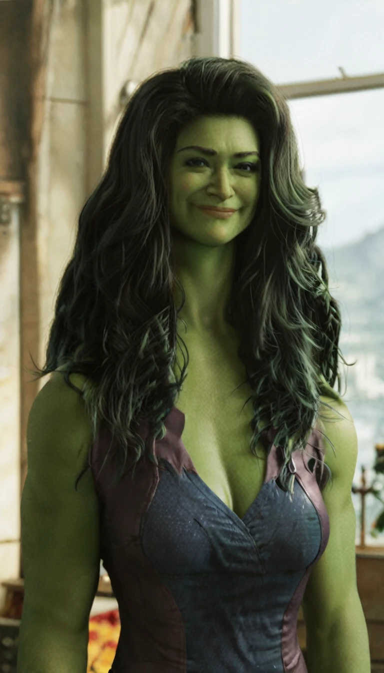 She Hulk, sexy, sexy pose, looking to the viewer, smiling, big smile, big breasts