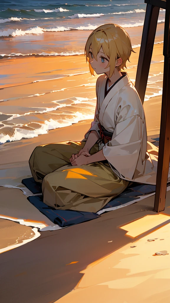 Japanese sits with a blond boy on the beach during sunset