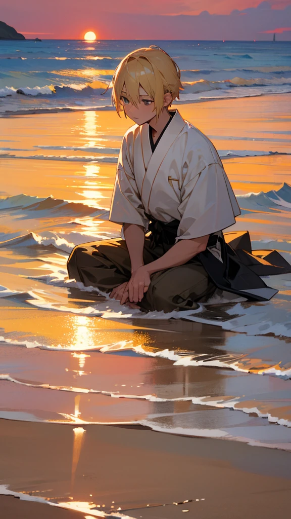 Japanese  sits with a blond boy on the beach during sunset