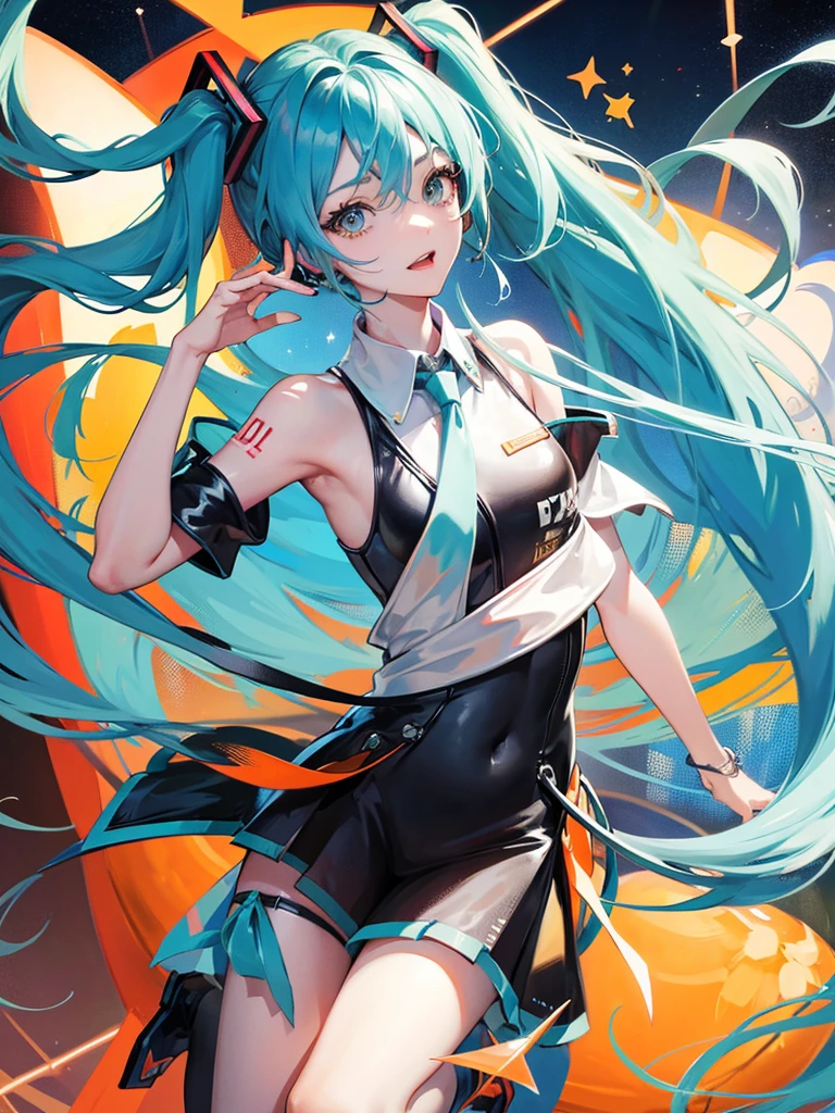 Hatsune Miku, blue hair, orange eyes, fighthing, magic