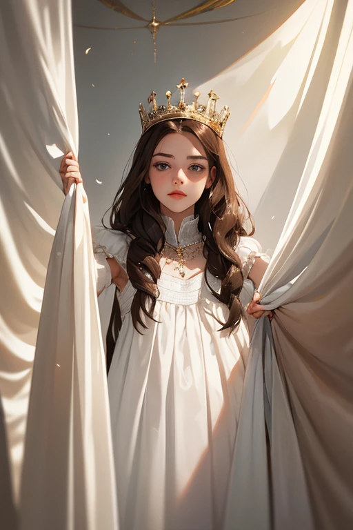 (masterpiece, highest quality), 1 Girl, alone, (Queen:1.15), Brown Hair, Long Hair, curtain, White Dress, Queen's Dress, Aurora, (sunlight, null, river, forest), Expressionless, Red eyes, (Art Nouveau:1.2), Alphonse Mucha, tiara, (Face focus, Upper Body), (Red Throne:1.12), Very intricate details, Realistic Light, smile