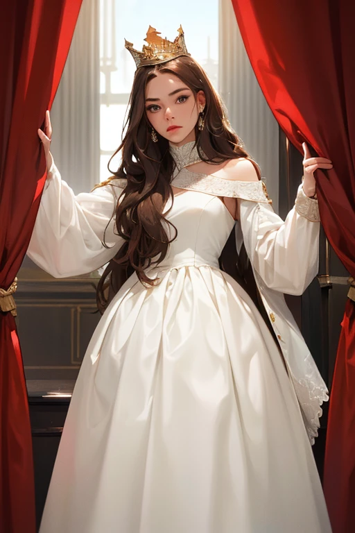(masterpiece, highest quality), 1 Girl, alone, (Queen:1.15), Brown Hair, Long Hair, curtain, White Dress, Queen&#39;s Dress, Aurora, (sunlight, null, river, forest), Expressionless, Red eyes, (Art Nouveau:1.2), Alphonse Mucha, tiara, (Face focus, Upper Body), (Red Throne:1.12), Very intricate details, Realistic Light, smile
