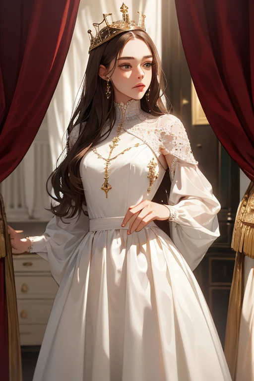 (masterpiece, highest quality), 1 Girl, alone, (Queen:1.15), Brown Hair, Long Hair, curtain, White Dress, Queen's Dress, Aurora, (sunlight, null, river, forest), Expressionless, Red eyes, (Art Nouveau:1.2), Alphonse Mucha, tiara, (Face focus, Upper Body), (Red Throne:1.12), Very intricate details, Realistic Light, smile
