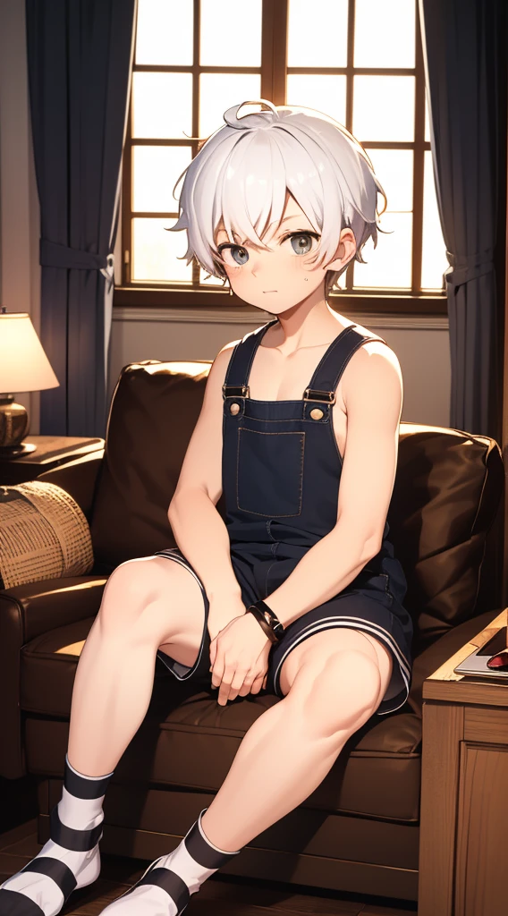 Two-dimensional cartoon boy Shota Shota, one-piece overall: 1.5, full body photo, nightcap, cute gestures, leg rings, white stockings, white hair, slightly red face, sitting by the window, looking out the window,