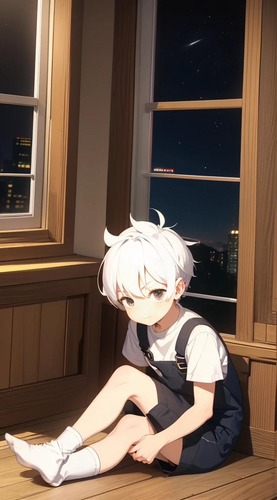 Two-dimensional cartoon boy Shota Shota, one-piece overall: 1.5, full body photo, nightcap, cute gestures, leg rings, white stockings, white hair, slightly red face, sitting by the window, looking out the window,