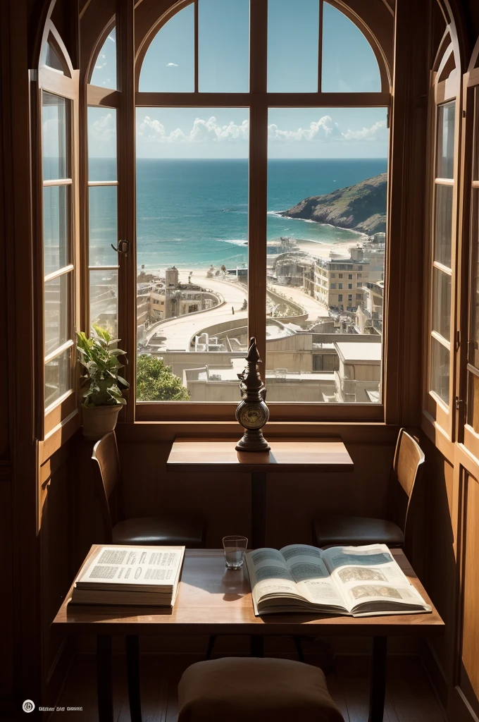 A Single cover with the following information Office medium lighting, window with sea view. With a table with dollars and pistols the word "genius" coming out of a magic lamp at the top center of the art font size 22
