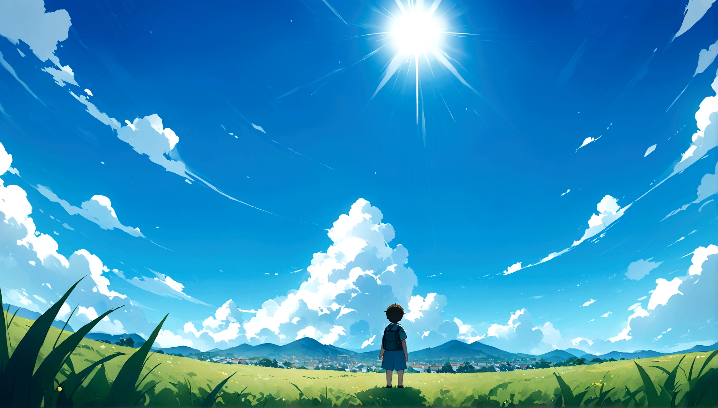 Daytime Town、The sky is wonderful、blue sky、3 year old little boy sitting on top of a 建物、Brown Hair、Back view、The city is bright with the sun、Highest quality、Anime Scenery、Xin Haichen、nature、Field、blue sky 110207, distant 3 year old little boy staring at the，（Zoom out：1.1），（blue sky：1.2）、（blue sky：1.1，yourname、Low Angle、From behind、Alola、blue sky、grassland、Standing in the Field、Highest quality、masterpiece、cloud、colorful、blue sky、