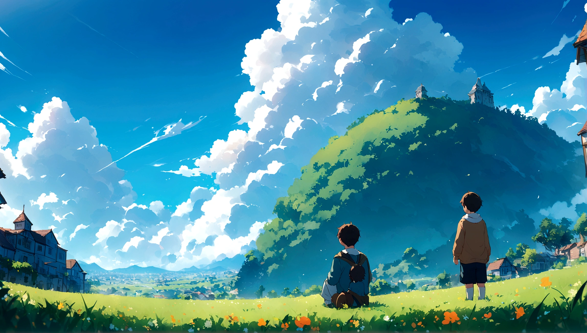Daytime Town、The sky is wonderful、blue sky、3 year old little boy sitting on top of a 建物、Brown Hair、Back view、The city is bright with the sun、Highest quality、Anime Scenery、Xin Haichen、nature、Field、blue sky 110207, distant 3 year old little boy staring at the,(Zoom out:1.1),(blue sky:1.2)、(blue sky:1.1,yourname、Low Angle、From behind、Alola、blue sky、grassland、Standing in the Field、Highest quality、masterpiece、cloud、colorful、blue sky、