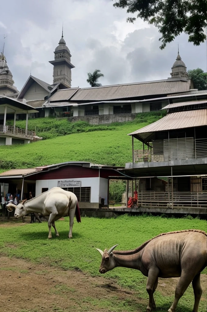 suasana hari raya idul adha, ada sapi, kambing, domba, dinosaurus, unta, dihalaman masjid yang sederhana