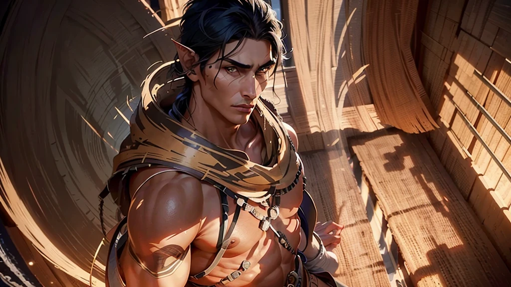 He is an adult indigenous man with Mexican features, and sun-kissed brown skin. His short black hair contrasts with his intense, expressive dark eyes. High, well-defined cheekbones complement his sharply contoured face. His pointed ears add a unique and distinctive detail to his appearance. He exudes a strong, serene presence, deeply connected to his cultural roots, Full body, master piece, character sheet, character sheet, character sheet, perfect face.
