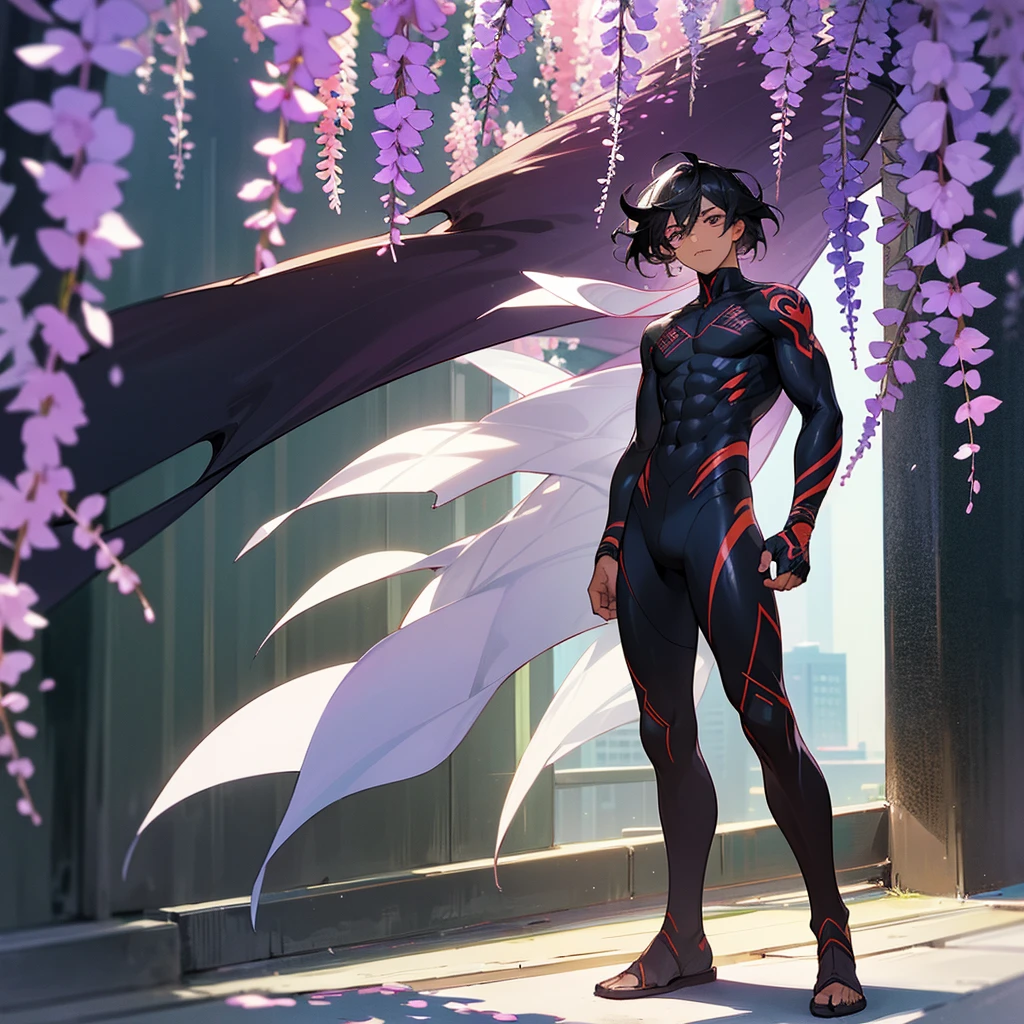 1male, young adult, dark skin, finely detailed plum eyes, wild medium hair, two tone hair, black hair color, seashell white hair color, full body combat suit, standing on building, day time, tokyo streets, e expression, muscular, tattoos, wisteria flowers, scars