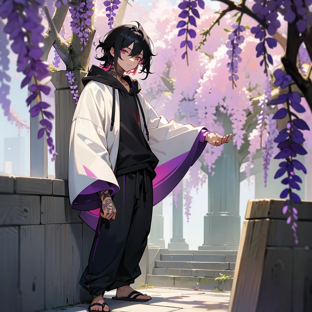 1male, young adult, finely detailed plum eyes, wild medium hair, two tone hair, black hair color, seashell white hair color, oversized hoodie, baggy pants, standing on building, day time, tokyo streets, calm expression, muscular, tattoos, wisteria flowers, scars