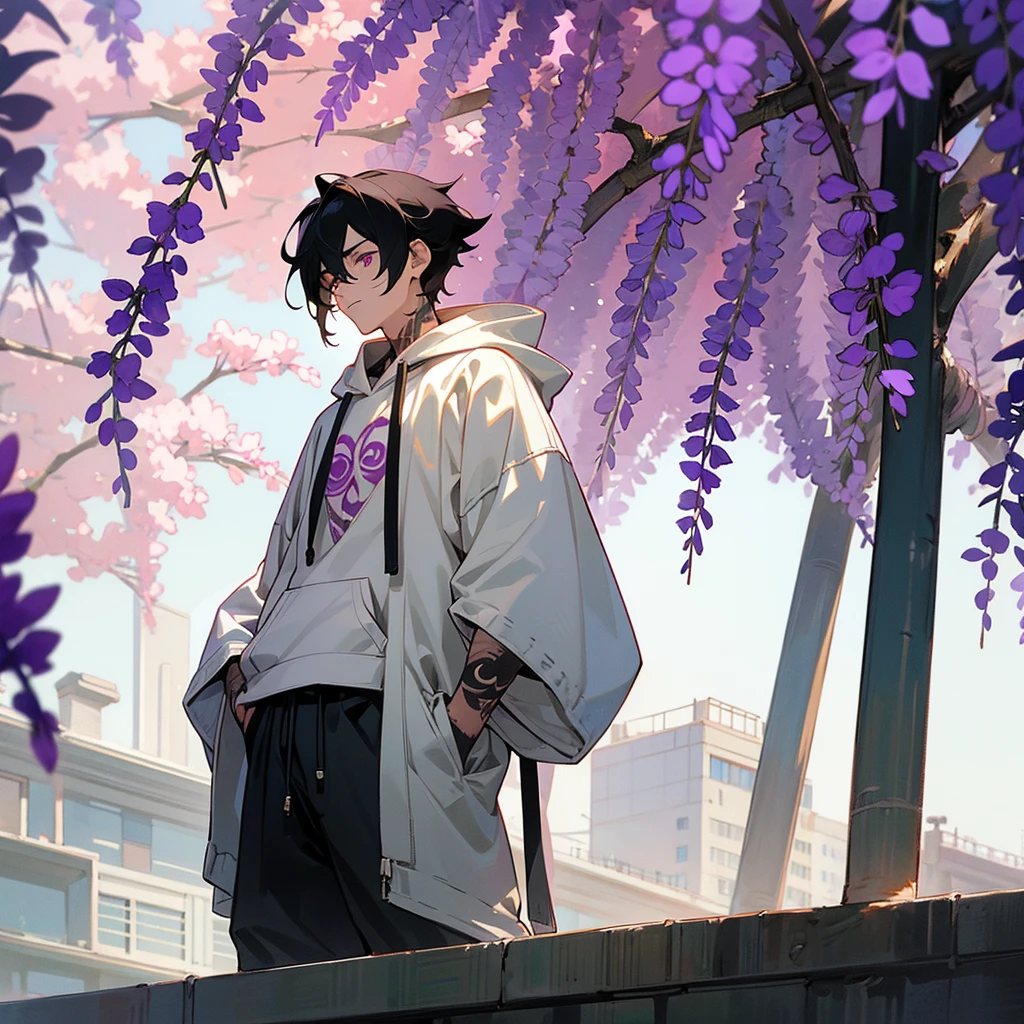 1male, young adult, finely detailed plum eyes, wild medium hair, two tone hair, black hair color, seashell white hair color, oversized hoodie, baggy pants, standing on building, day time, tokyo streets, calm expression, muscular, tattoos, wisteria flowers, scars